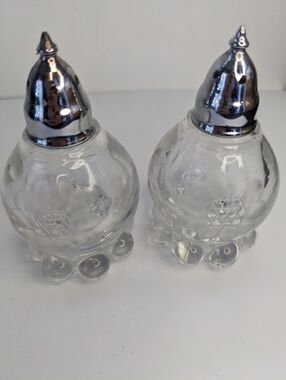 Vintage Cut Glass Salt Pepper Shakers Etched Floral Design Metal Lids Kitchen